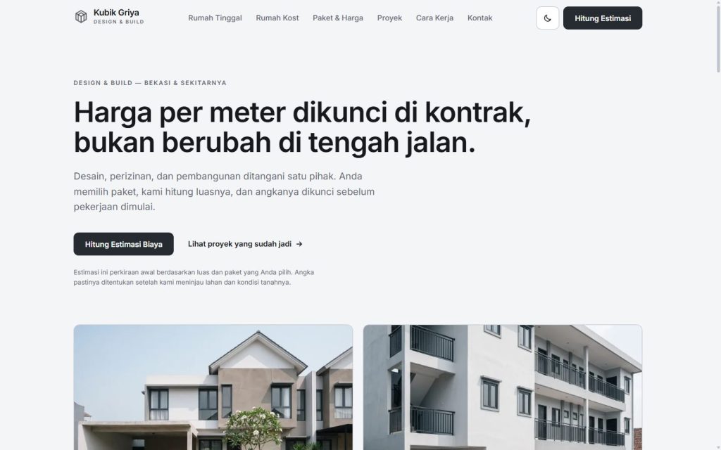 Tampilan halaman depan website Kubik Griya, contoh desain untuk industri Kontraktor