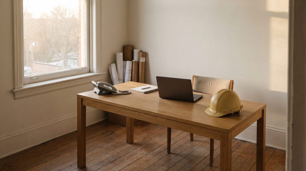 Ruang kantor proyek yang sepi dengan laptop tertutup, telepon meja, dan helm proyek di atas meja kayu